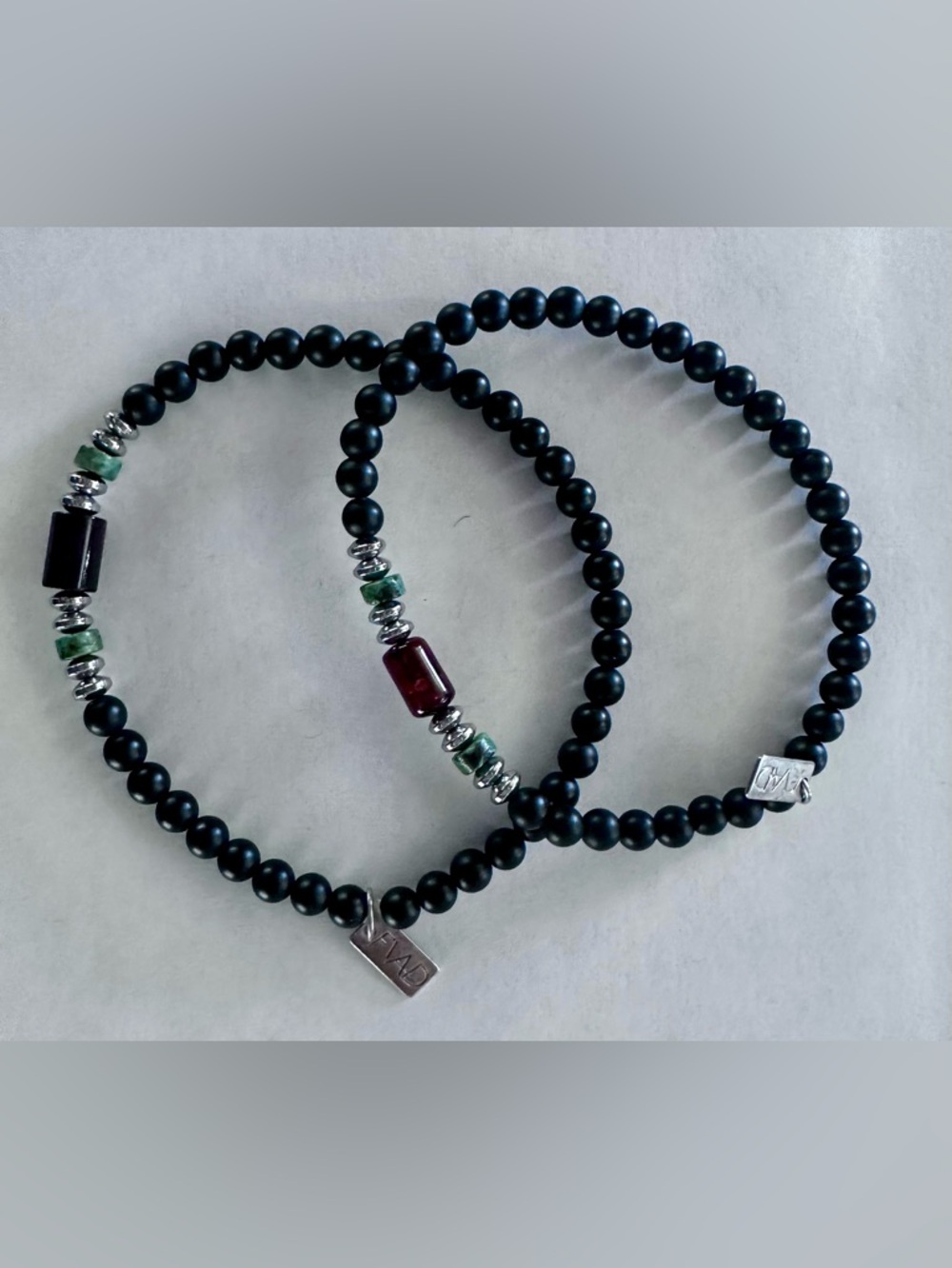 Black Semi-Precious Bead Stretch Bracelet with Garnet, Turquoise + Silver Accent